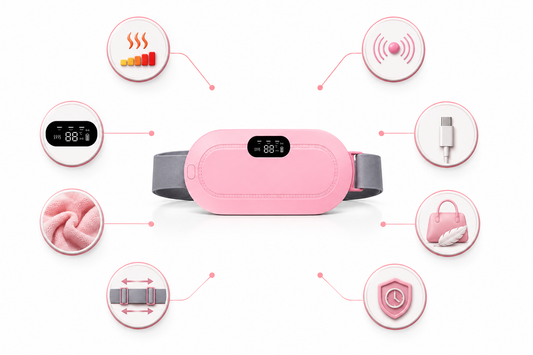 Pink electronic device with various icons indicating its features on a white background