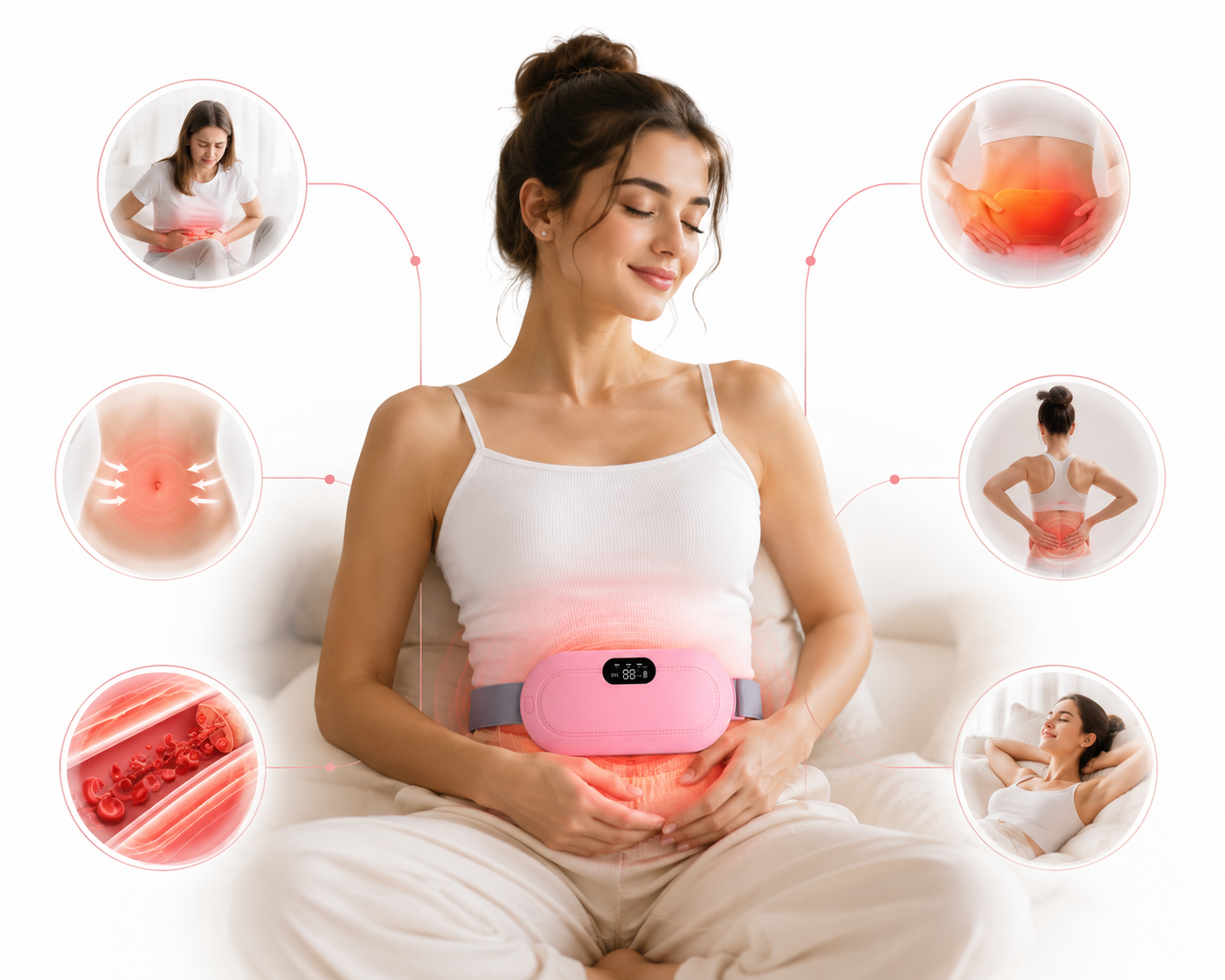 Woman using a heating massager with insets showing different body parts and conditions.