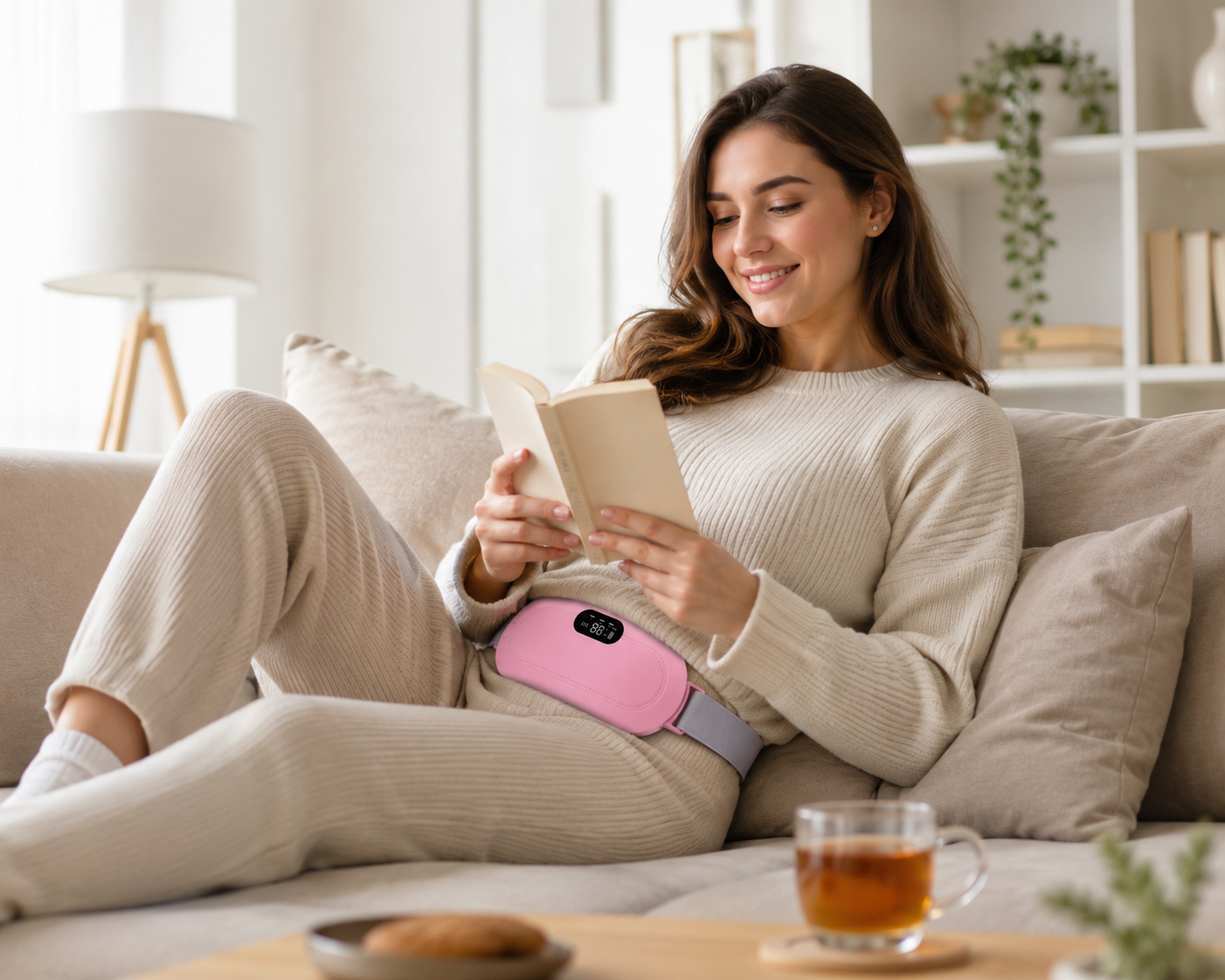 Woman sitting on a couch reading a book with heating massager, in a bright living room.