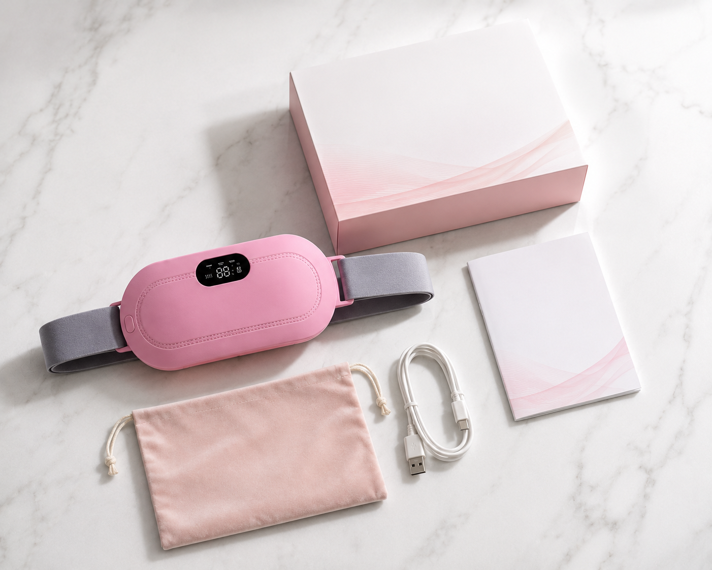 Pink and gray Heating massager with accessories on a marble surface