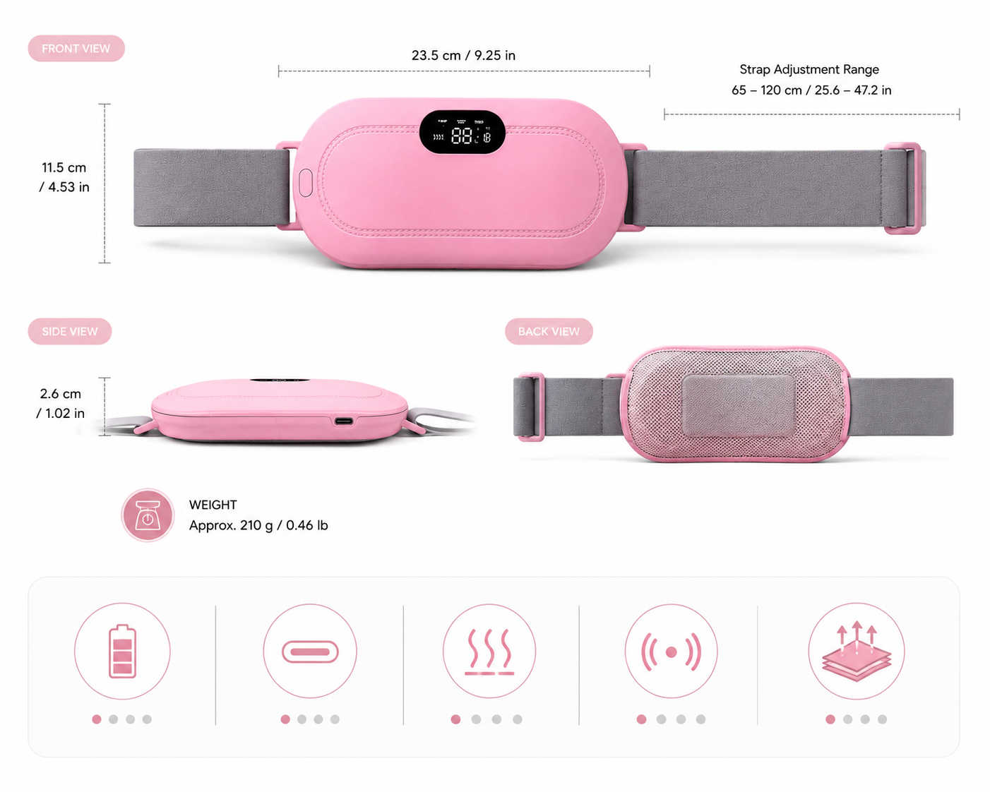 Pink waist heating pad with dimensions and features on a white background