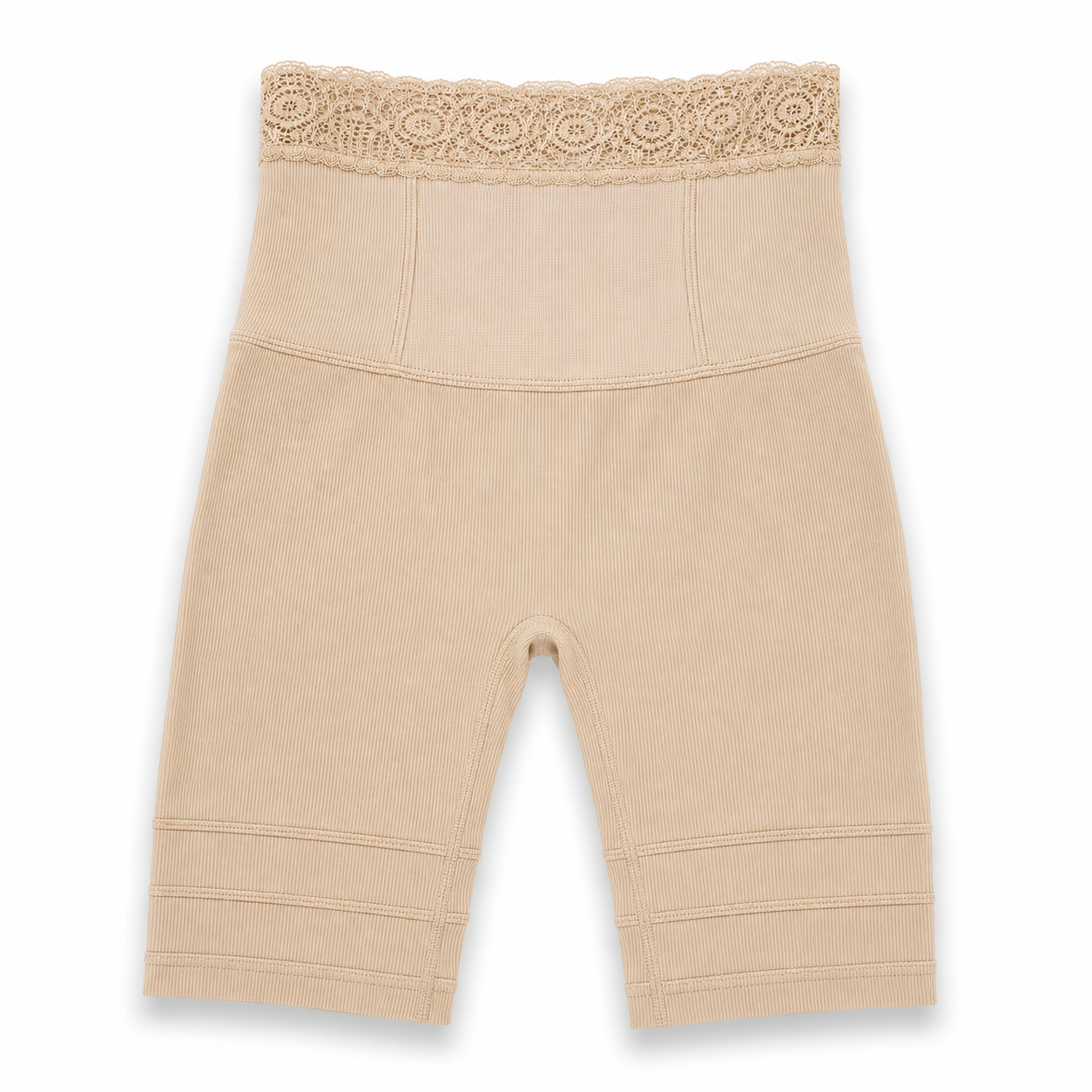 Beige baby leggings with lace trim on a white background