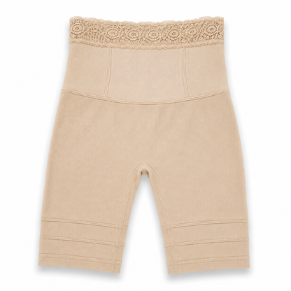 Beige baby leggings with lace trim on a white background